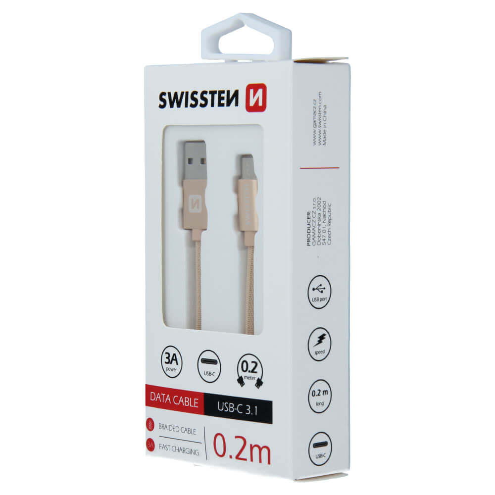 Dátový kábel SWISSTEN textile USB / USB-C 0,2 m, zlatý